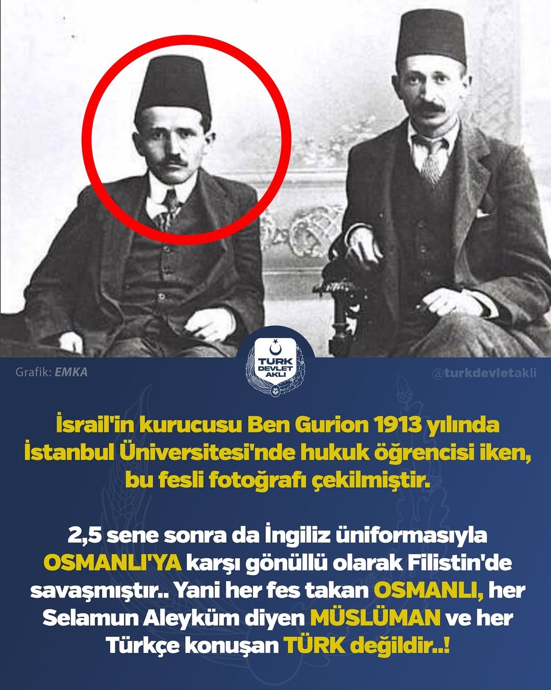 İsrail’in kurucusu Ben Gurion 1913 yılında İstanbul Üniversitesi’nde hukuk öğrencisi iken, bu fe